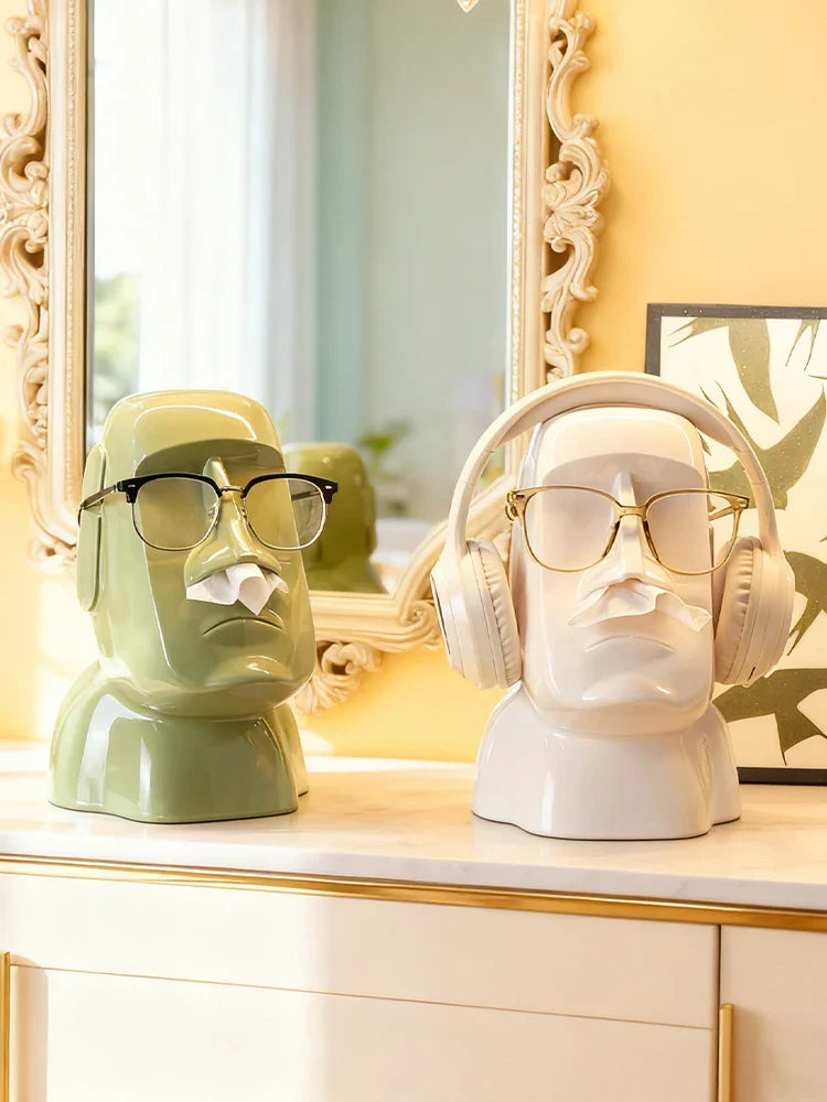 Miniso Moai Stone Statue Tissue Box & Glasses Holder – Multifunctional Home Decor Stand
