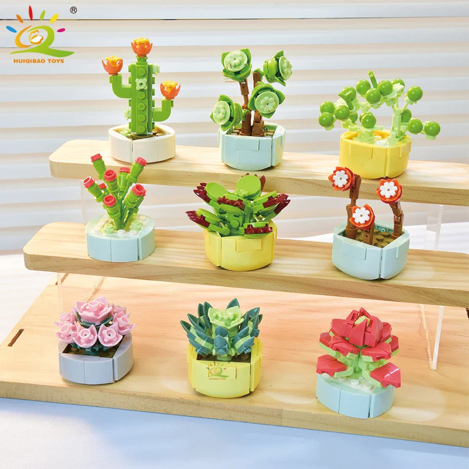 HUIQIBAO MOC Flower & Succulent Potted Building Block Set – DIY Eternal Bouquet, Home Desk Plant Decor, Girls & Kids Toy Gift