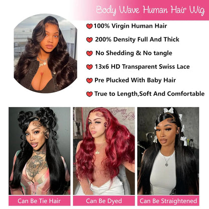 Body Wave Lace Front Wig – 13x4 & 13x6 Pre-Plucked Human Hair, 32-36 Inch, 200% Density with Baby Hair for Women