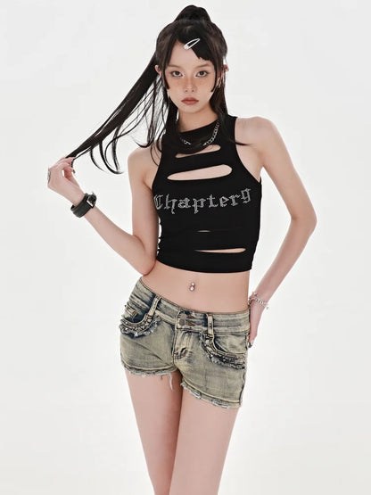 Sexy Low Rise Denim Shorts – Women’s Slim Skinny Rivet Vintage Blue Y2K Jeans for Summer