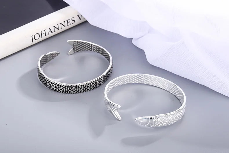 925 Sterling Silver Dragon Bracelet — Creative Lucky Fortune Fish Bangle TYB110
