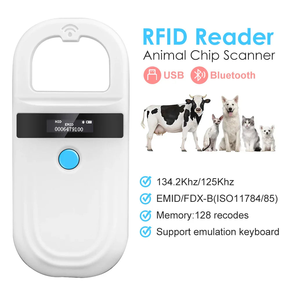 Handheld Animal RFID Reader - 134.2KHz & 125kHz Pet Microchip Scanner, USB/Bluetooth Tag Reader for Cats & Dogs with Tags