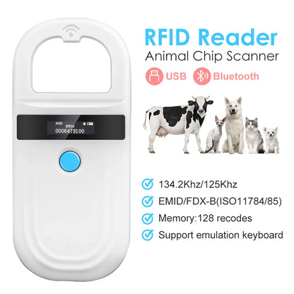 Handheld Animal RFID Reader - 134.2KHz & 125kHz Pet Microchip Scanner, USB/Bluetooth Tag Reader for Cats & Dogs with Tags