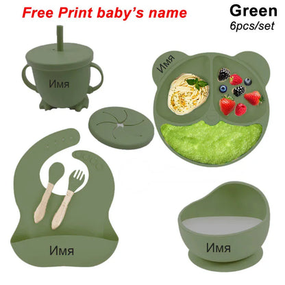 6-Piece Baby Feeding Plate Set – Silicone Suction Bowls, Plates, Cups & Spoon for Kids, Personalized Name Tableware