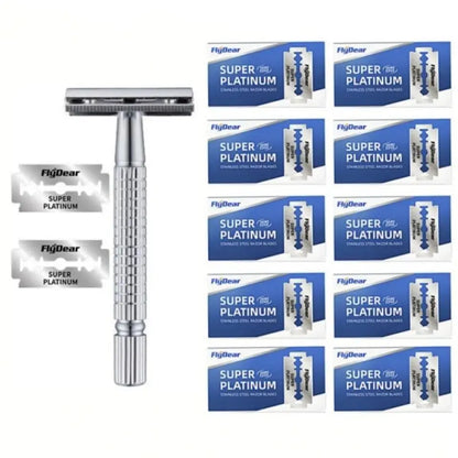 Double Edge Beard Shaver Set – Men's Classic Stainless Steel Razor with Trimmer Blades and Storage Box
