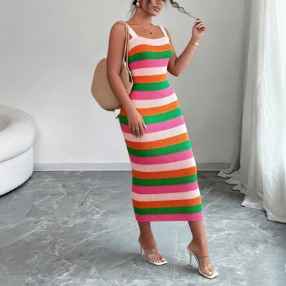 Women’s Rainbow Striped Bodycon Maxi Dress – Sleeveless Stretchy Knit Summer Beach Vacation Party Sundress