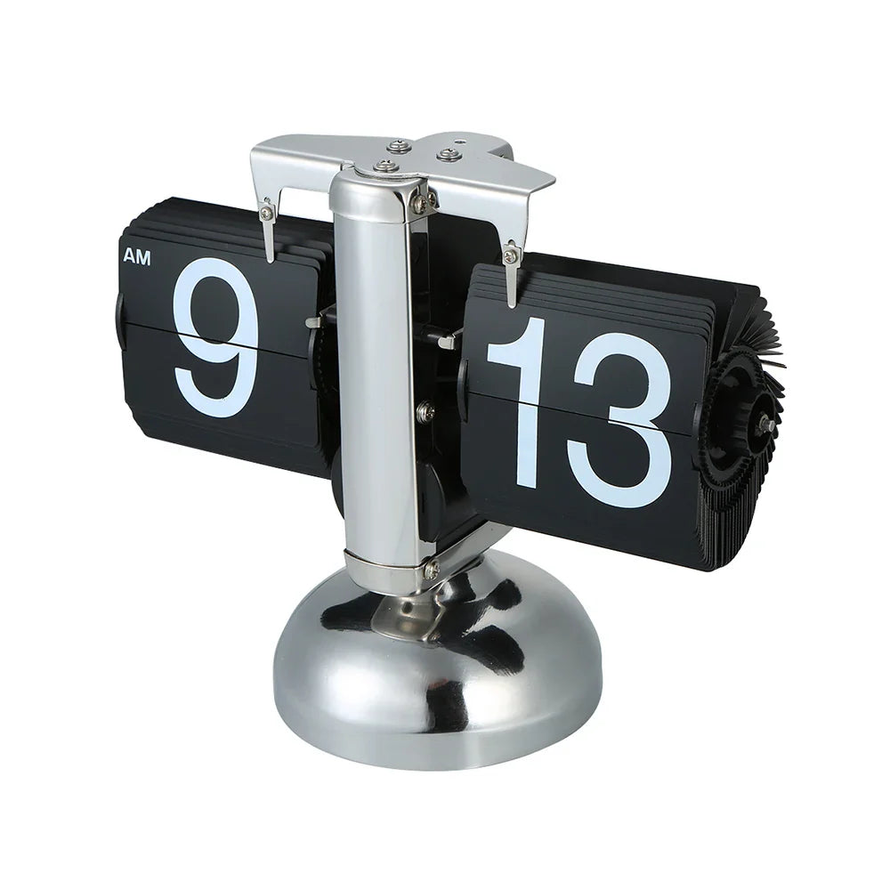 Small Retro Flip Clock – Stainless Steel Gear-Operated Table Clock, Black/White Quartz Design