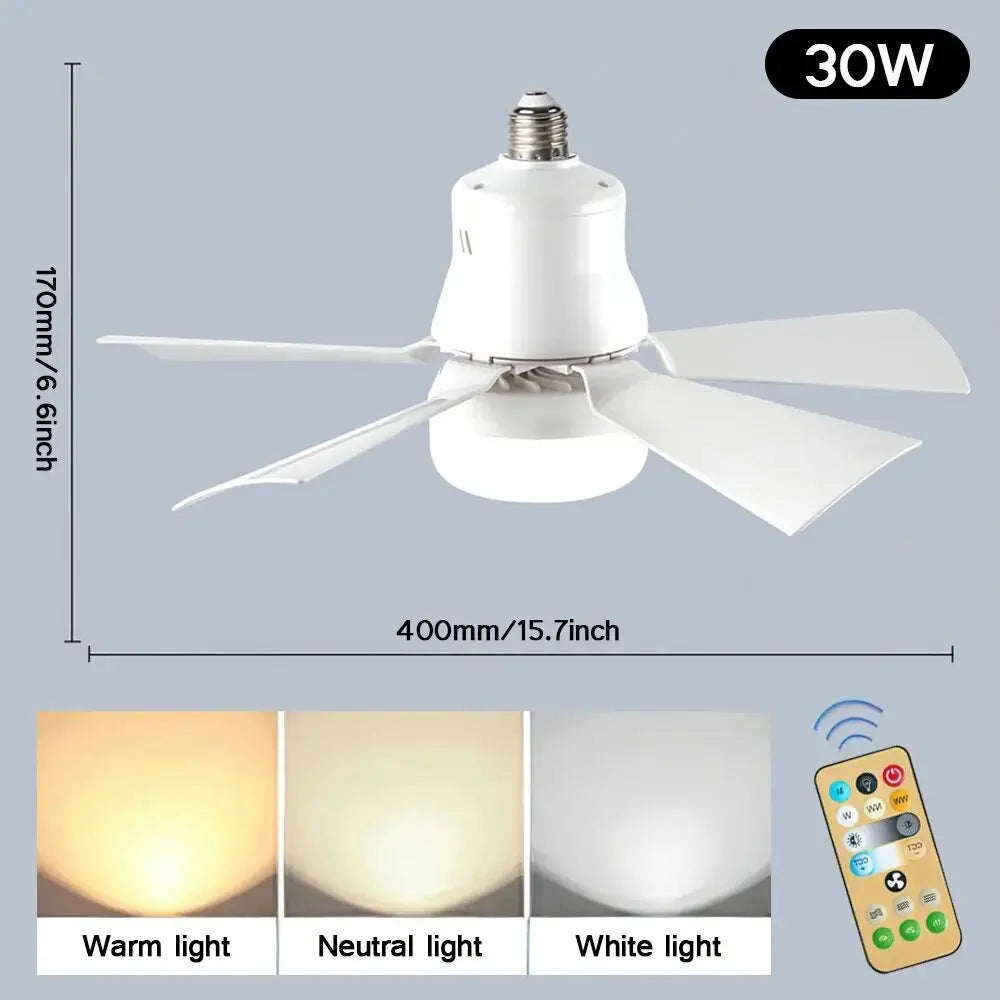 30W Ceiling Fan with LED Light – Dimmable Remote Control, E27 Base Smart Fan for Bedroom & Living Room