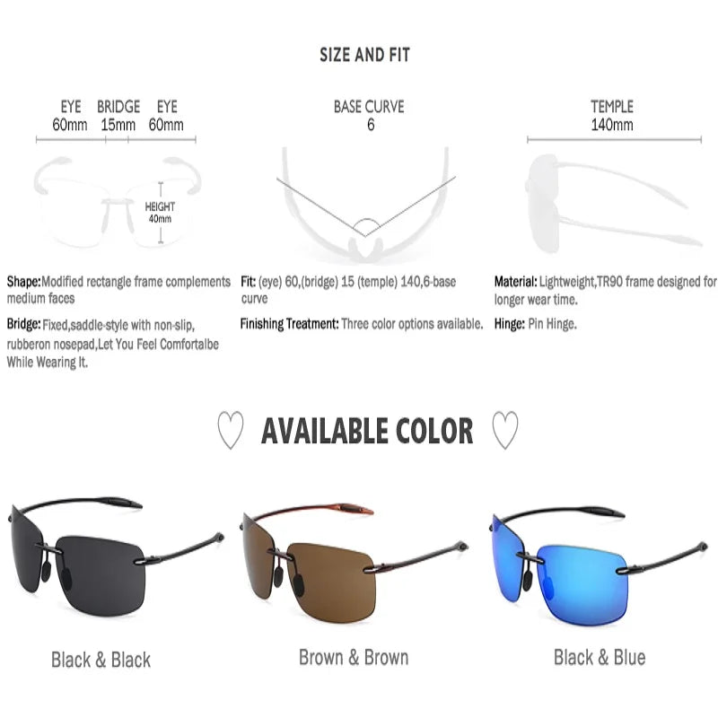 Classic Sports Rimless Sunglasses – UV400 Protection, Rectangle Frame for Men & Women, Ideal for Driving, Golf, and Outdoor Activities