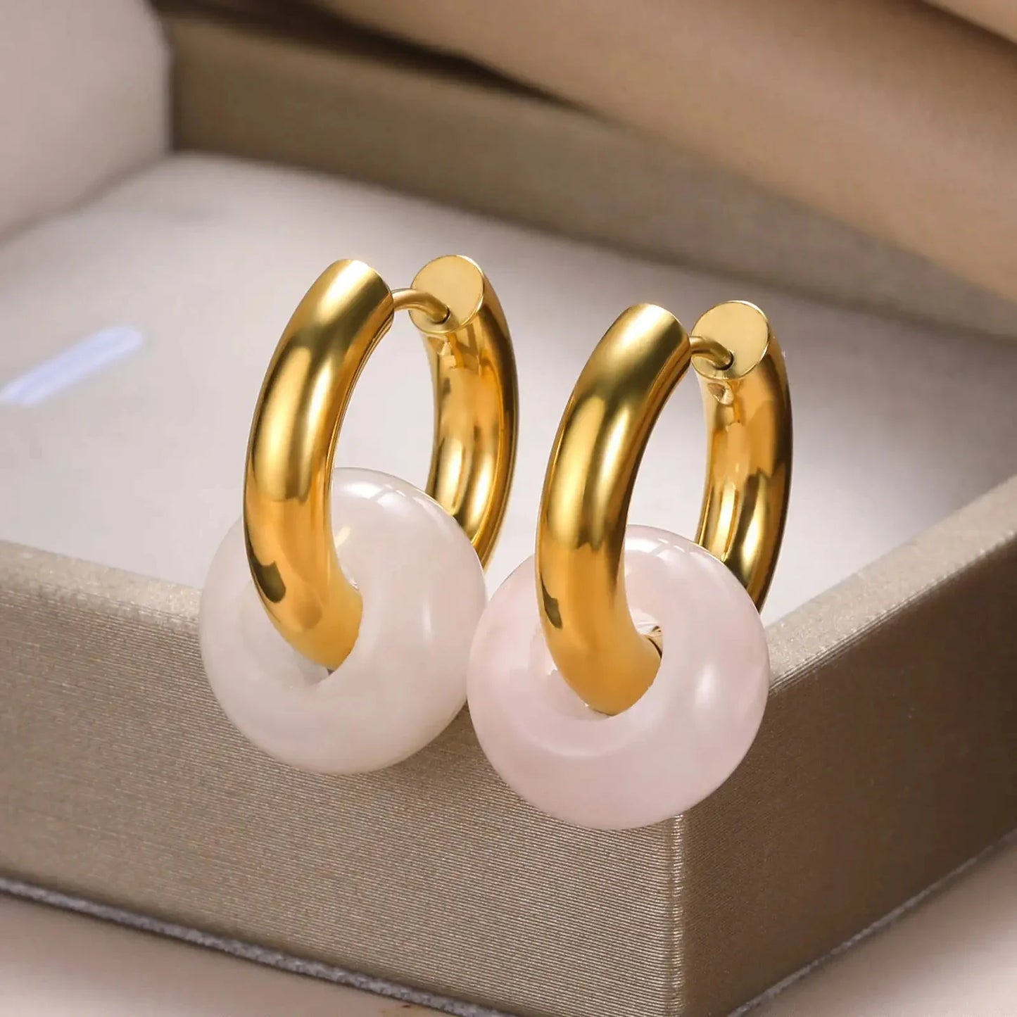 Leopard Bead Opal Stainless Steel Hoop Earrings — Gold Color, Anti-Fading Wedding & Prom Jewelry for Women, Gift Accessory