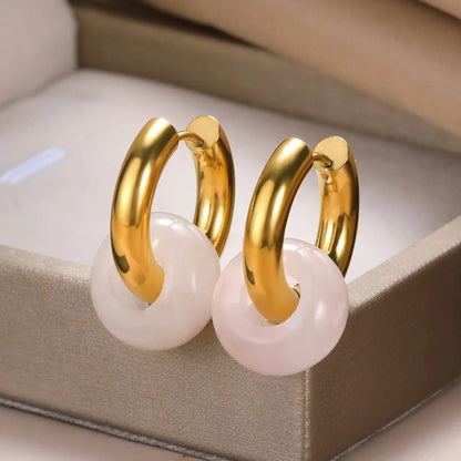 Leopard Bead Opal Stainless Steel Hoop Earrings — Gold Color, Anti-Fading Wedding & Prom Jewelry for Women, Gift Accessory