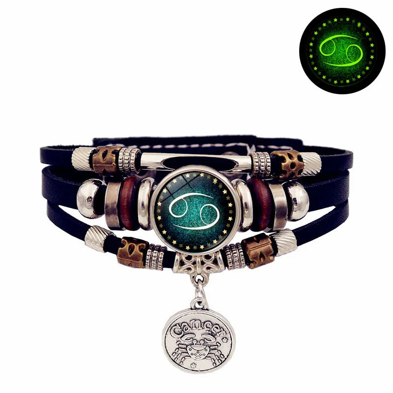 Starry Sky Zodiac Luminous Leather Bracelet - Multi-Layered Beaded Snap Closure for Men & Women, Friendship Bracelet