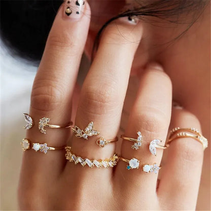 Women’s Silver Crystal Ring Set – Cubic Zirconia Moon, Arrow, Flower & Heart Wedding Fashion Jewelry