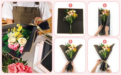20 Sheets Matte Black Flower Wrapping Paper with Gold Edges – Waterproof Gift Wrap for DIY Wedding & Birthday Presents