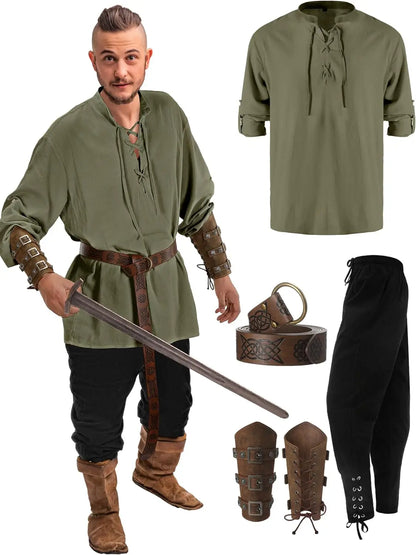 Jiuguva 4-Pcs Halloween Men's Renaissance Costume Set – Medieval Pirate Shirt, Ankle Banded Pants & Viking Belt Accessories