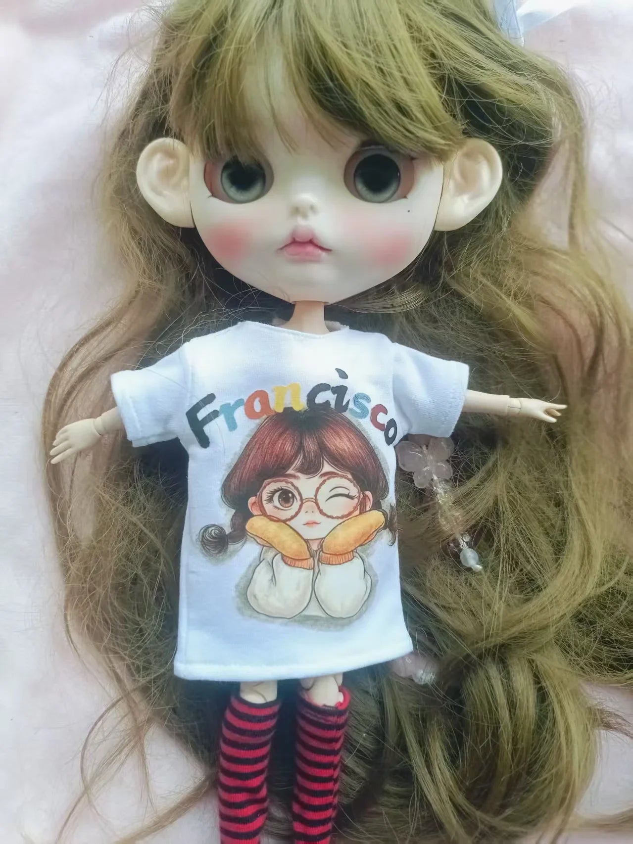 Handmade OB24 1/6 Blyth Doll Clothes – Cartoon T-Shirt with Striped Socks for 1/6 Doll Accessories