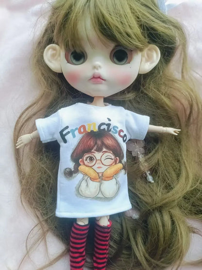 Handmade OB24 1/6 Blyth Doll Clothes – Cartoon T-Shirt with Striped Socks for 1/6 Doll Accessories