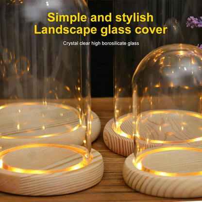 Glass Dome with Wooden Base & LED Light – Terrarium Vase, Flower Holder, Landscape Container for Bedroom Decor & Birthday Gifts