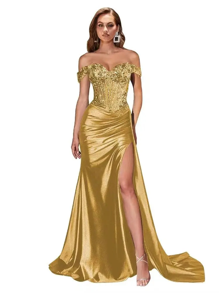 Women’s Dark Navy Off-Shoulder Prom Dress — Sweetheart Beaded Lace Corset Evening Gown with High Side Slit 2025