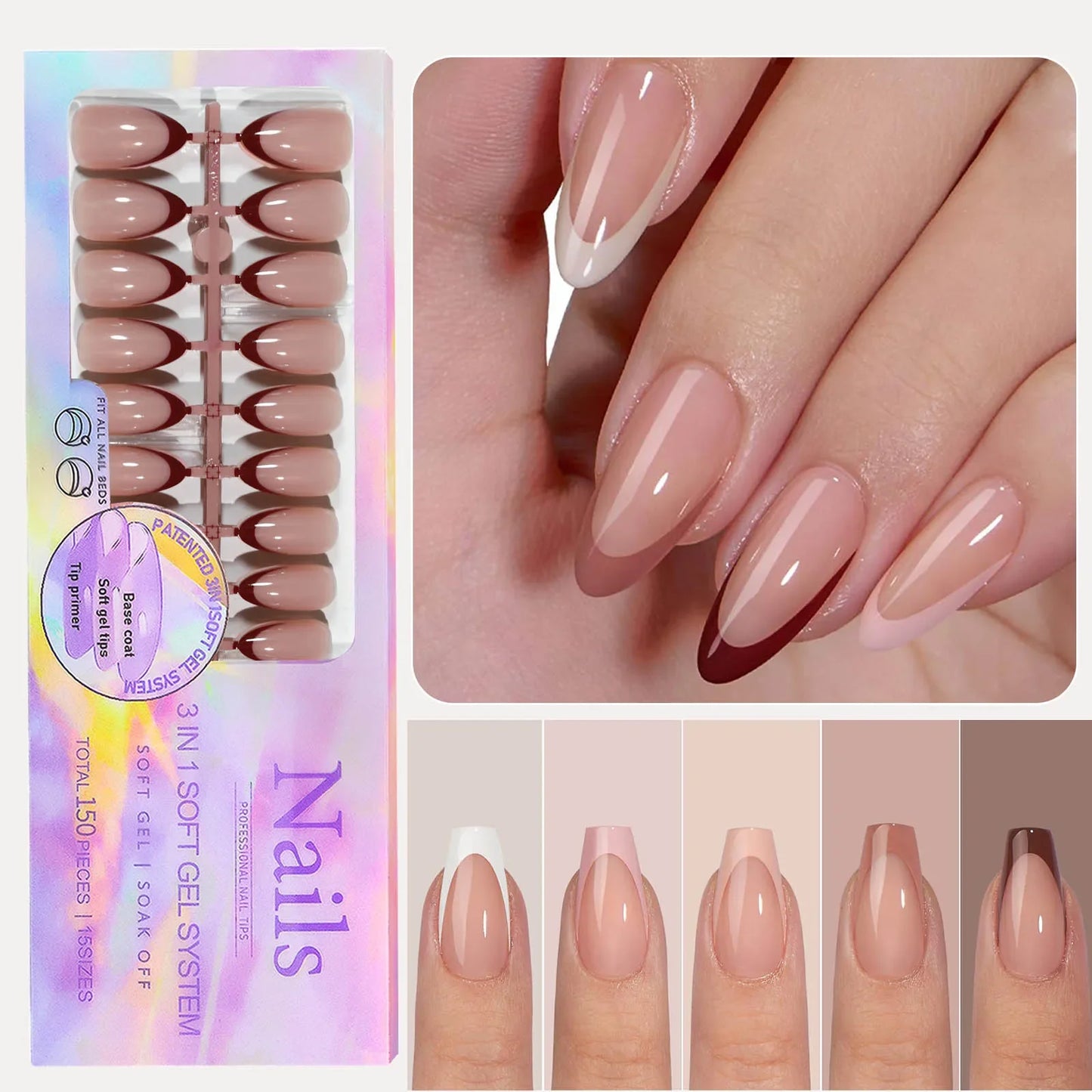 150pcs Fake Almond French Nails – Multi-Size Press-On Acrylic Nails in 6 Colors, Removable & Convenient