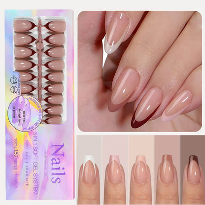 150pcs Fake Almond French Nails – Multi-Size Press-On Acrylic Nails in 6 Colors, Removable & Convenient