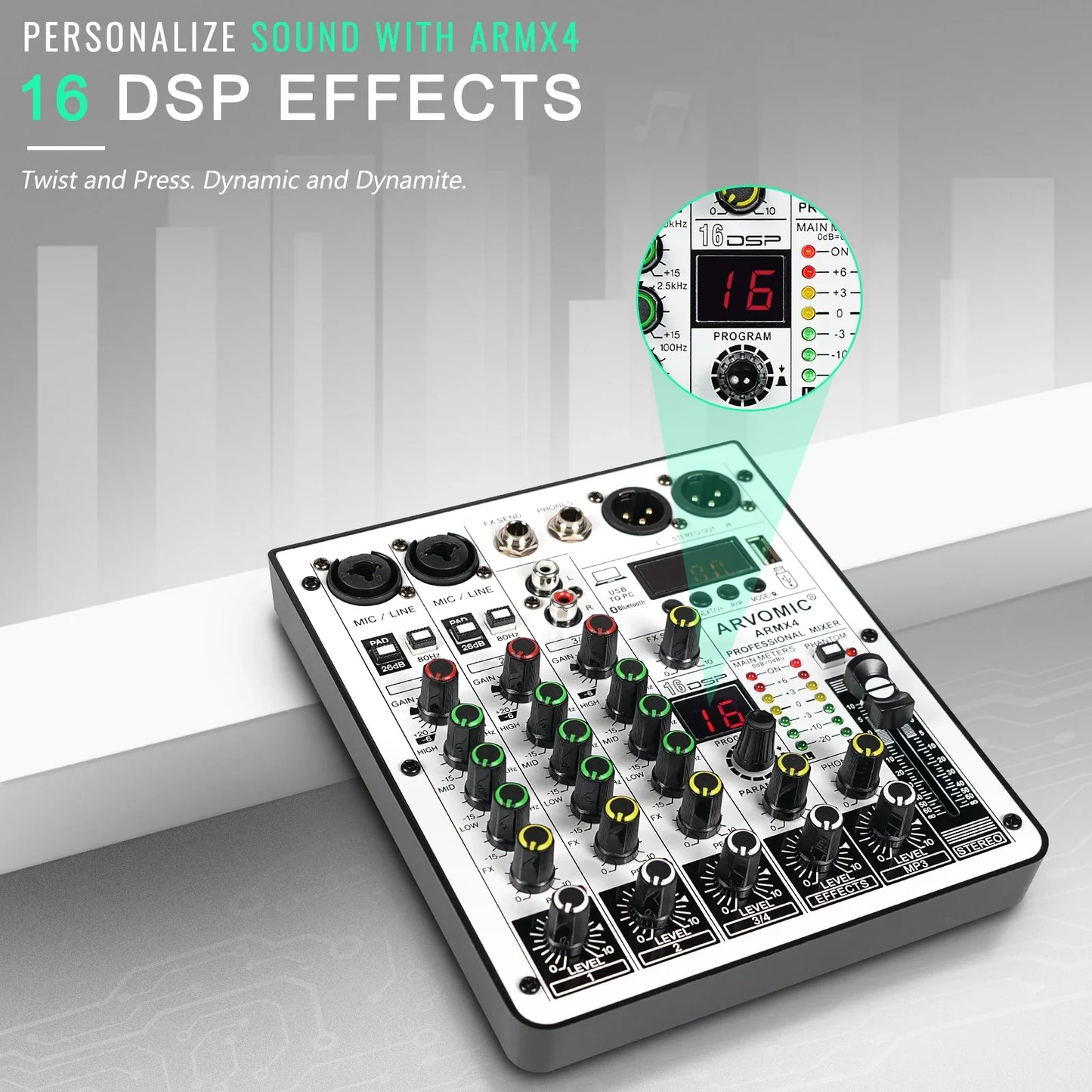 ARVOMIC 4-Channel DJ Audio Mixer – USB Interface, Bluetooth, 16 DSP Effects & 3-Band EQ (ARMX-4)