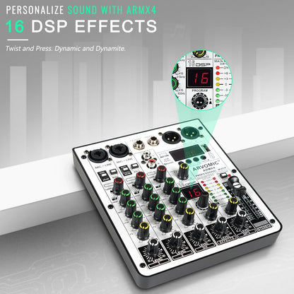 ARVOMIC 4-Channel DJ Audio Mixer – USB Interface, Bluetooth, 16 DSP Effects & 3-Band EQ (ARMX-4)