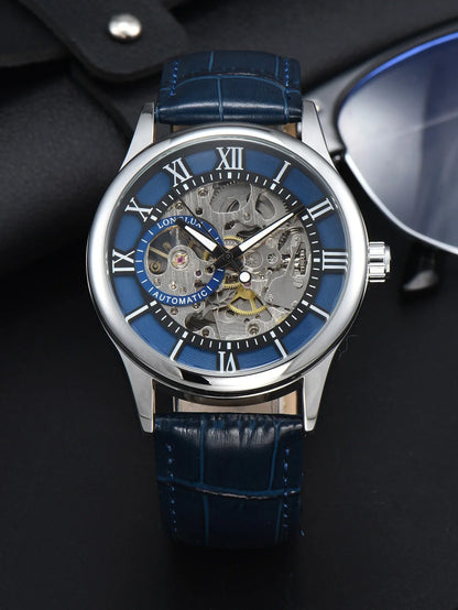 LONGLUX Rome Automatic Mechanical Waterproof Men’s Watch – Hollow Dial Leather Wristwatch Gift