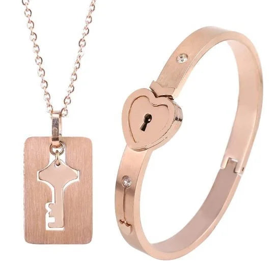 Couple Stainless Steel Love Lock Bracelet & Key Pendant Necklace – Romantic Jewelry Gift for Men and Women