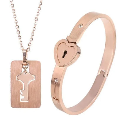 Couple Stainless Steel Love Lock Bracelet & Key Pendant Necklace – Romantic Jewelry Gift for Men and Women