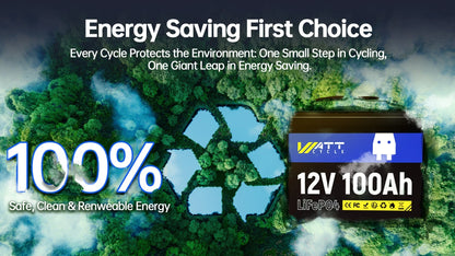 Wattcycle 12V 100Ah LiFePO4 Battery Pack – Grade A Rechargeable Lithium Iron Phosphate for Home & Outdoor Energy Storage