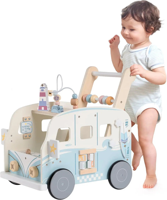 Robotime Robud Wooden Baby Walker – Push-Along Activity Walker with Wheels, Multifunctional Toddler Toy Gift for Boys & Girls