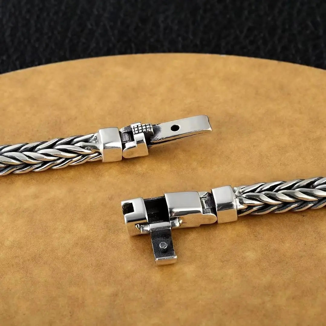 100% S925 Sterling Silver Handmade Woven Bracelet — Retro Domineering Style for Men & Women, Pure Silver Jewelry