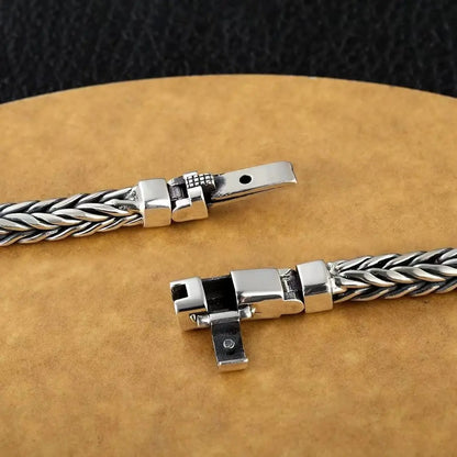100% S925 Sterling Silver Handmade Woven Bracelet — Retro Domineering Style for Men & Women, Pure Silver Jewelry