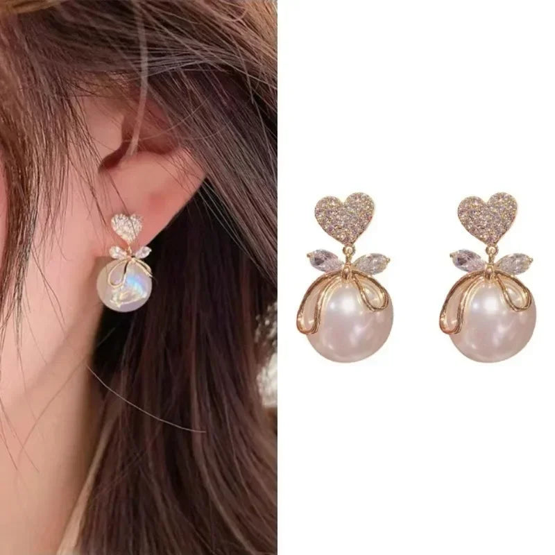Korean Vintage Pearl & Crystal Earrings for Women — Luxury Zircon Flower, Butterfly & Leaf Stud Jewelry