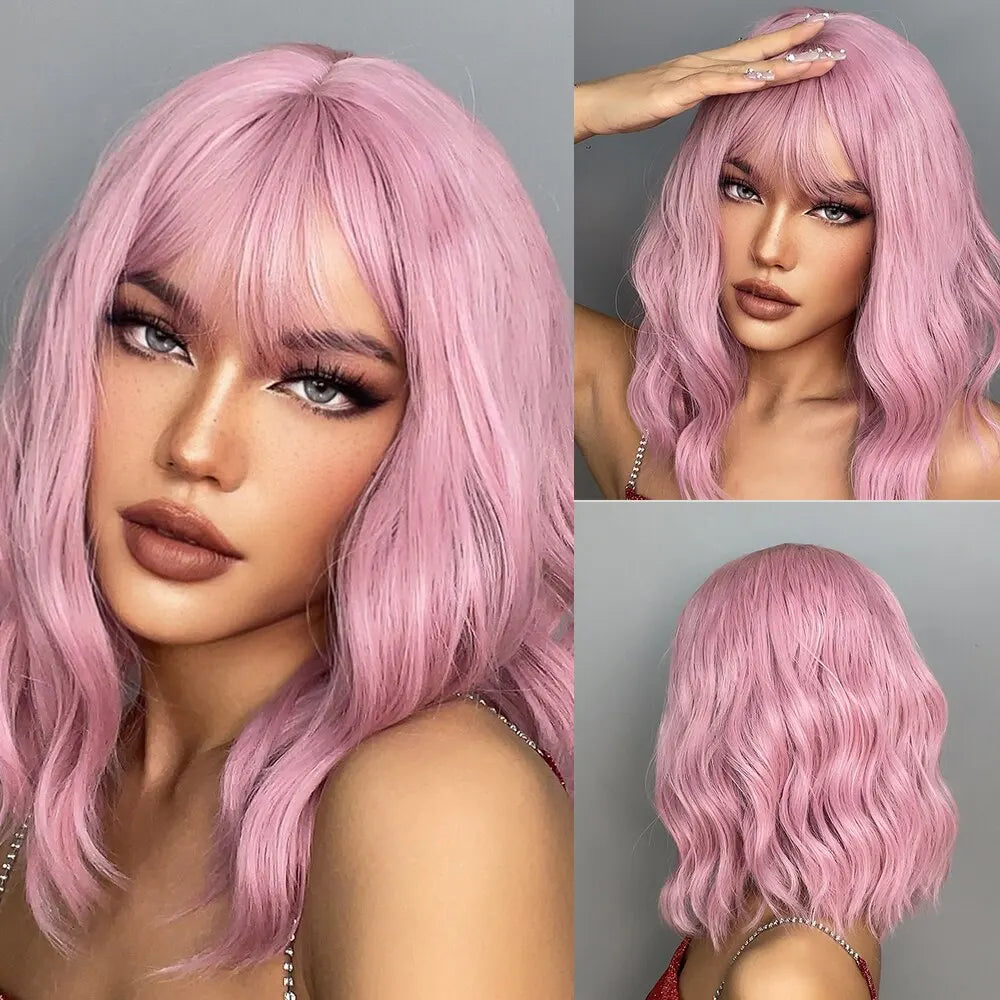 Women’s Grey Wavy Bob Wig with Bangs — Short Blonde Ombre Synthetic Hair with Dark Roots for Daily Wear