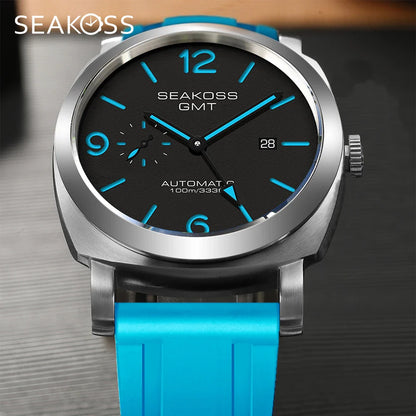 SEAKOSS GMT Men’s Diving Automatic Mechanical Watch — 10ATM Waterproof, 1963 Original 2557 Movement, Calendar, Sapphire Crystal