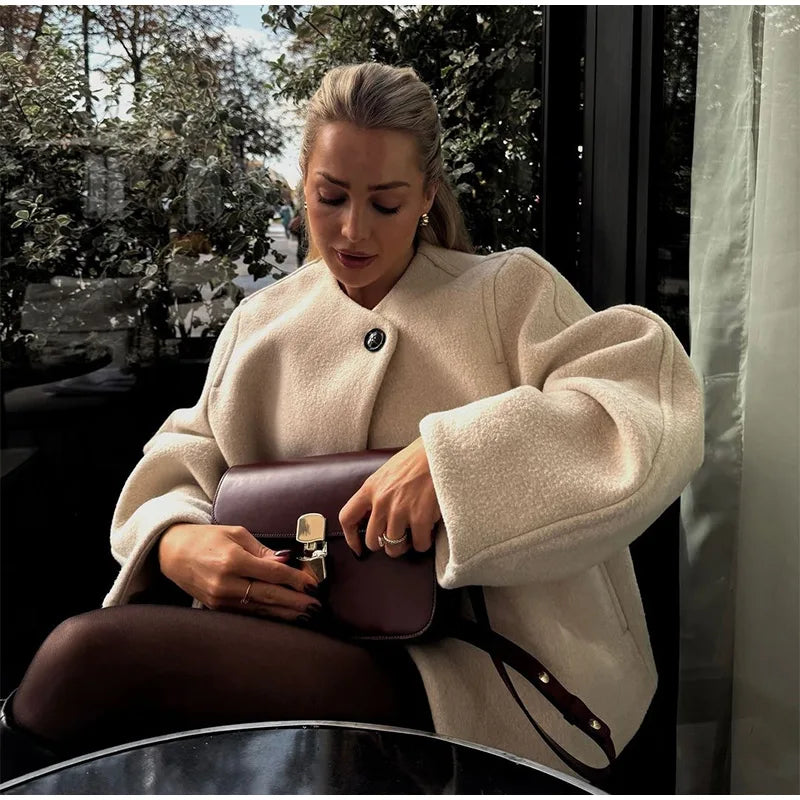 2024 Women's Elegant Solid Wool Blend Cardigan Coat – Round Neck, Single Button, Long Sleeve High Street Outwear