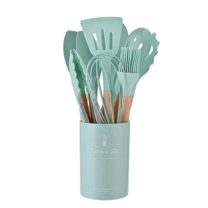 12PCS Silicone Kitchen Utensils Set - Food Grade Cookware with Turner, Spatula, Measuring Spoon, Practical Cooking Tools