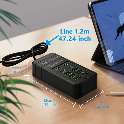 10-Port USB Fast Charger Adapter - EU UK US Plug Power Station with 6 USB-A & 4 USB-C Ports Extension Cord