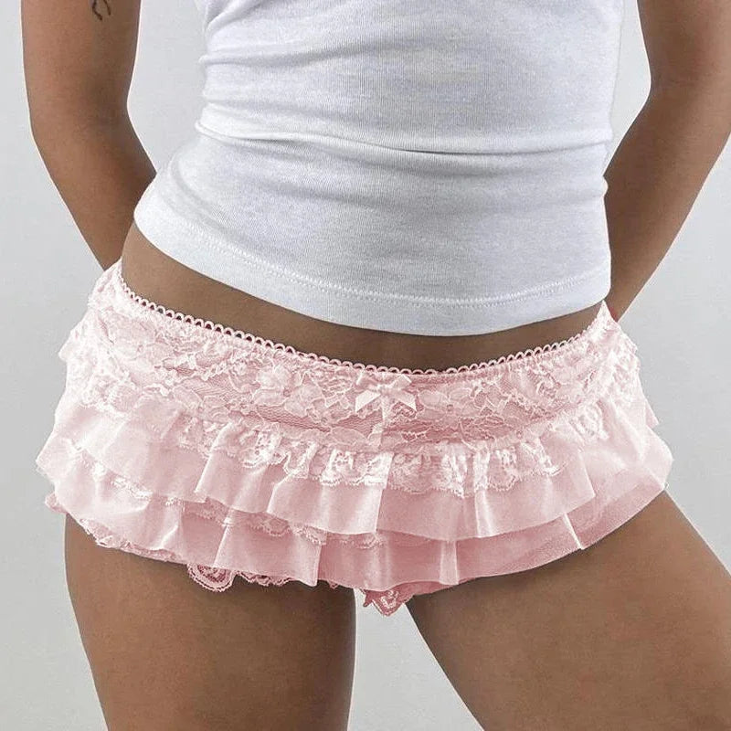 Y2K Ruffle Bloomers Shorts - Frilly Layered Lace Micro Shorts with Bow Waistband