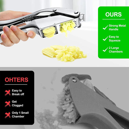 Stainless Steel 2-in-1 Garlic Press and Slicer – Handheld Garlic Crusher Mincer Kitchen Tool