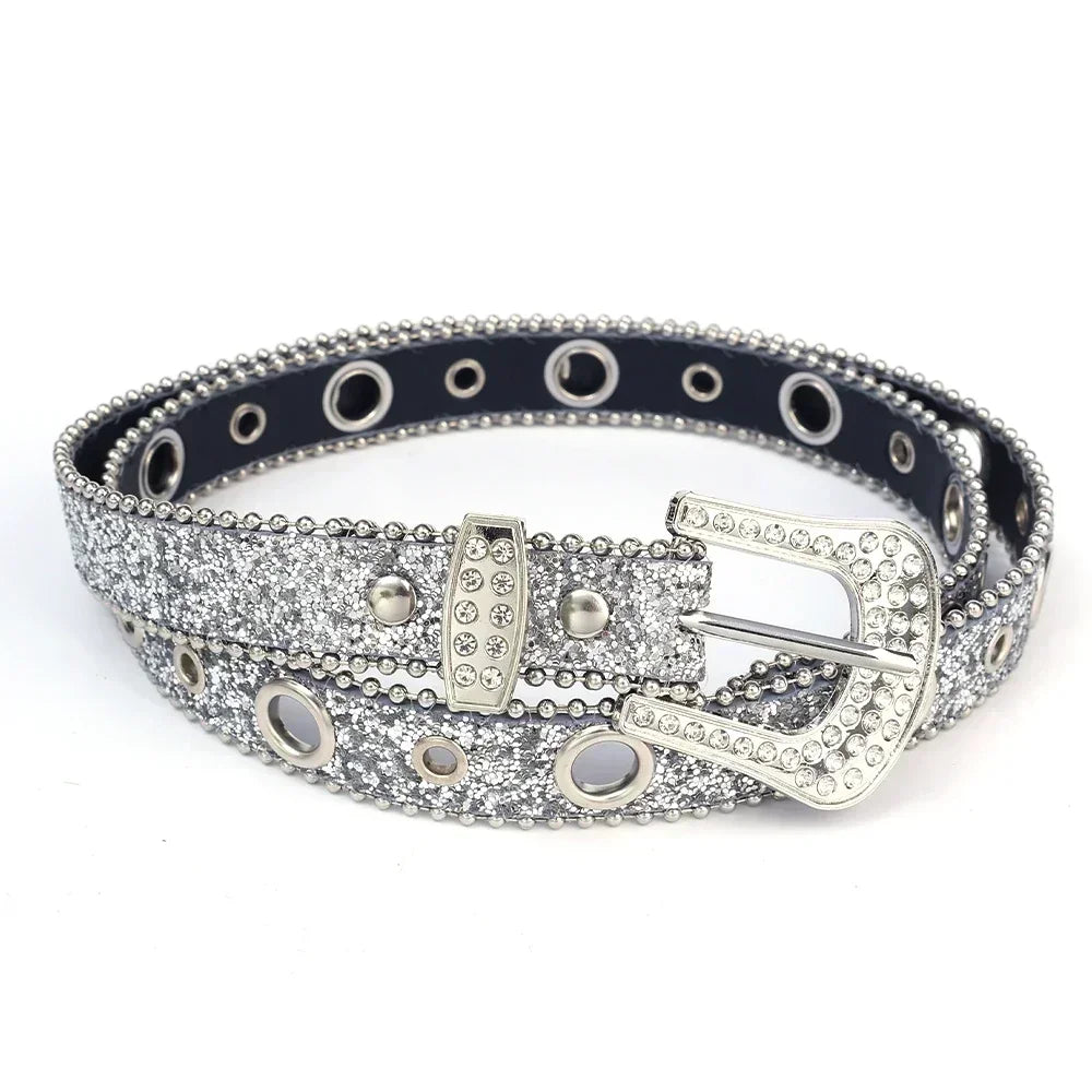 Y2K Women’s PU Leather Rhinestone Belt – Adjustable Glitter Crystal Waistband for Club & Party