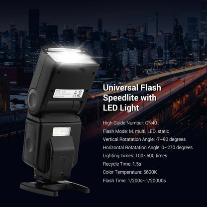 Andoer GN40 Flash Speedlite – Adjustable LED Fill Light with Bracket, On-Camera Flash for Canon & Nikon DSLR Cameras