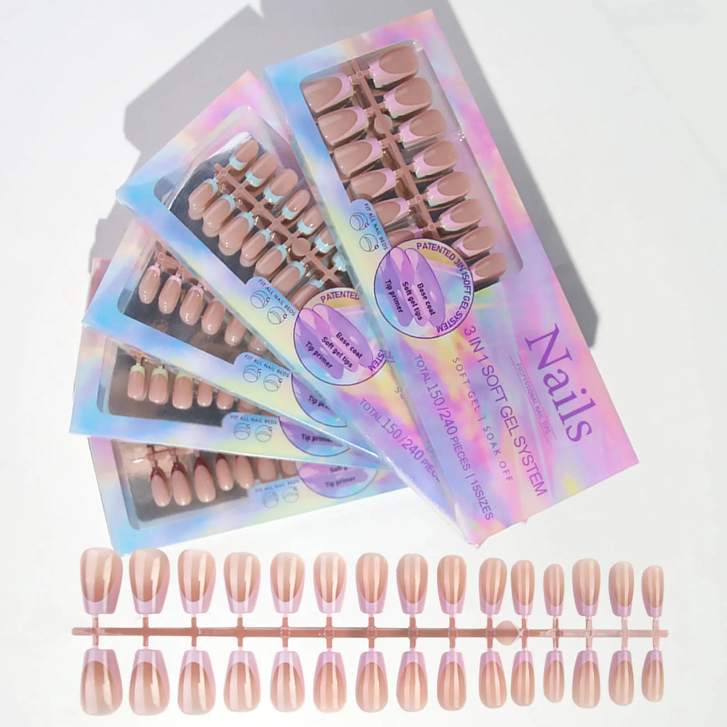 150pcs Fake Almond French Nails – Multi-Size Press-On Acrylic Nails in 6 Colors, Removable & Convenient
