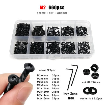 M1.6-M8 Black Grade 10.9 Steel Allen Hexagon Screw Bolt Nut Washer Kit – Round Head Set Box