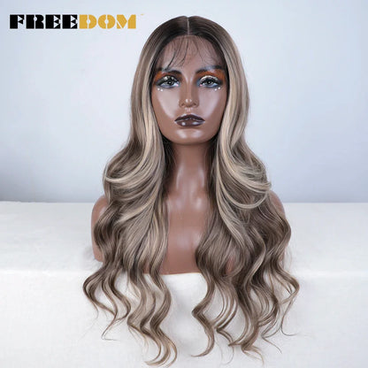 FREEDOM 26-Inch Synthetic Lace Front Wig for Women — Honey Brown Body Wave with Ombre Blonde Highlights, Cosplay & Fashion Wig