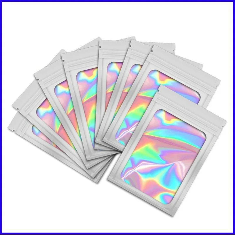 50pcs Thick Smell-Proof Mylar Bags – Holographic Laser Color Plastic Packaging Pouch, Zip Lock for Jewelry & Gifts