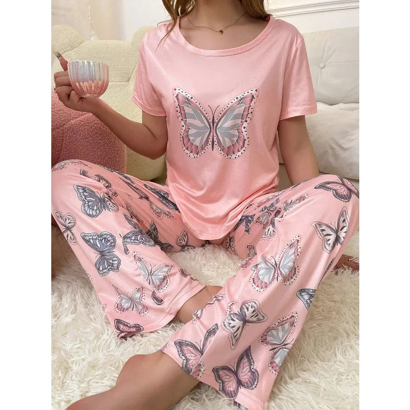 Women's Butterfly Print Pajama Set - 2-Piece Short Sleeve Top and Trousers Sleepwear