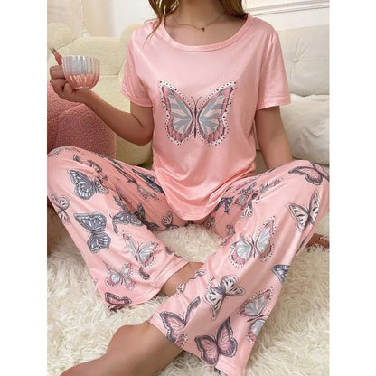 Women's Butterfly Print Pajama Set - 2-Piece Short Sleeve Top and Trousers Sleepwear